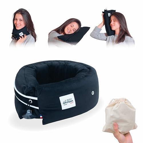 Le Petit Dormeur Coussin de Voyage Coussin Avion Ergonomique 3 en 1 - Oreiller de Voyage Ultra Confort - Pratique & Compact - Fabriqué en France - Lavable en Machine - Velours Noir