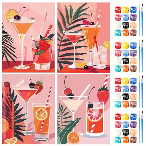 NAIMOER 4 Pack Cocktail Paint by Numbers Kits for Adults, DIY Pink Beverages Painting by Numbers for Adults Kids, Easy Painting on Canvas Arts Gifts for Home Decor 20x30cm
