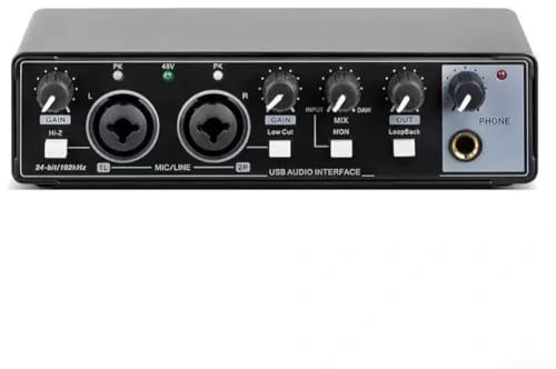 Besshepplo Professionellt 48 V USB-ljudgränssnitt ljudkort med dubbla mikrofoner och instrumentingångar metallkonstruktion högupplöst inspelning för musiker och kontent (svart)
