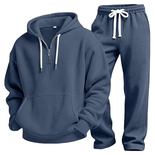 Herr Träningsdräkter 2 delat set Stickad Quarter Zip Hoodie och Dragsko i Midjan Byxor Casual Jogger Sweatshirt