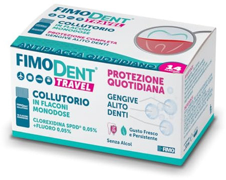 Fimodent Travel Mundspülung – Tägliche Antiplaque-Pflege mit Chlorhexidin 0,05% und frischem Minzgeschmack – 14 Einzeldosen à 10 ml