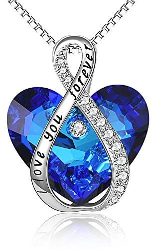 YAFEINI Heart Necklace for Her Sterling Silver I Love You Forever Blue Crystal Heart Pendant Necklace Birthday Anniversary Mothers Day Jewellery Gifts for Women Mum Girlfriend Daughter Her Mother