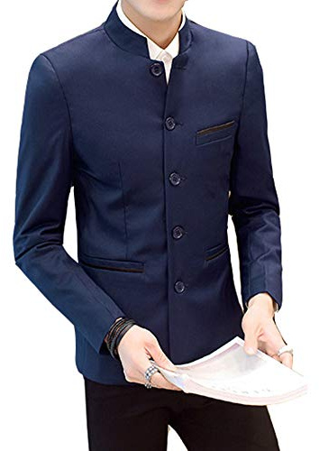 Traje de túnica Chino para Hombre, Cuello mandarín, Chaqueta Formal Ajustada con Botones Frontales, Blazer Tradicional, Uniforme de Novio, Azul Marino, M