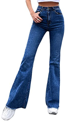 Minetom Mujer Pantalones Acampanados Vaquero Skinny Push Up Pantalones Elástico Jeans Cintura Alta Denim Mezclilla Pants P Azul Oscuro XS