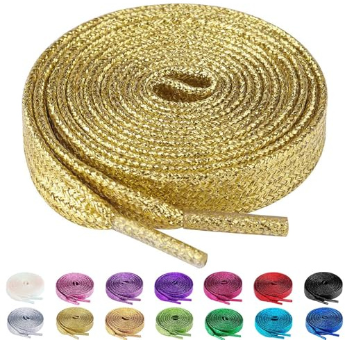 Olukssck 2 Pares Cordones Planos de Lentejuelas Metálicas para Zapatillas, Cordones Purpurina Premium Repuesto para Zapatos para Calzado Deporte y Botas, Dorados, 120cm