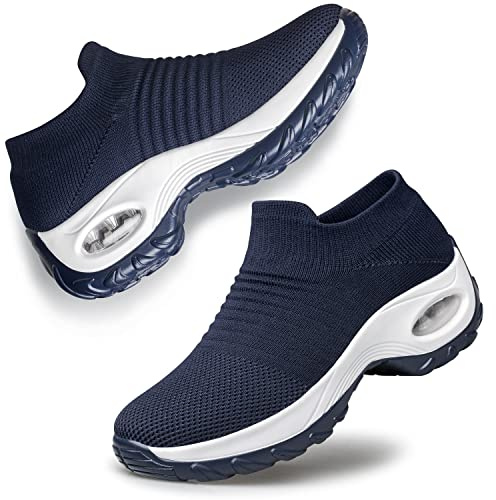 Raoendis Womens Slip on Trainers Orthopedic Shoes, Ladies Sport Running Walking Sneakers Casual Nurses Workout Shoes with Arch Support Navy Blue Size 7