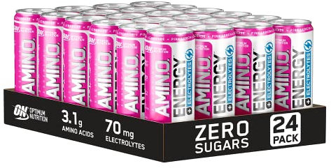Optimum Nutrition Essential Amino Energy + Electrolytes, Ready to Drink Sugar Free EAA Energy Drink with Electrolytes and Caffeine, Workout Supplement for Men and Women, Pink Lemonade, 24x250 ml