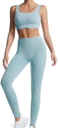 dohomiryo Damen Sportanzüge Jogginganzug Sport Sets 2 Teilig Workout Outfit Set Sport Crop Top+Hohe Taille Yoga Leggings Yoga Outfit Freizeitanzug Sportswear Hellblau M