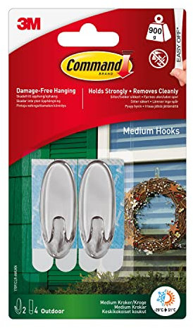 Command Clear Medium Hooks, 2 Hooks + 4 Adhesive Strips - Outdoor Use - Suitable for hanging items up to 900 g - Damage Free Hanging