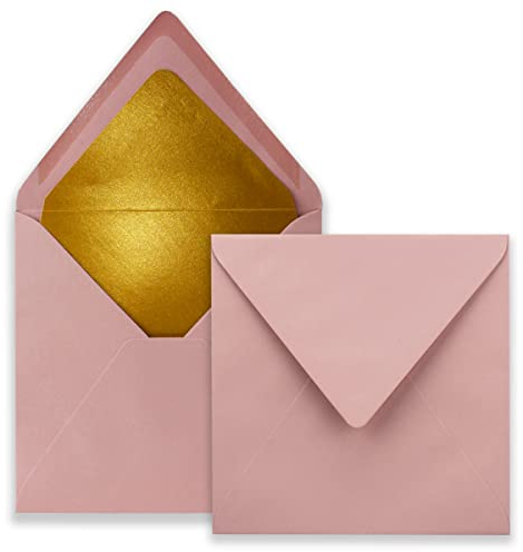 25 quadratische Brief-Umschläge - 15,5 x 15,5 cm, Altrosa (Rosa) - mit Gold-Papier gefüttert - Nassklebung - FarbenFroh by GUSTAV NEUSER