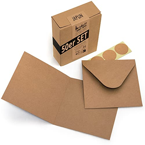 Japun - 50er Set quadratische blanko Falt-Karten inkl. Briefumschläge, Klapp-Karten zum gestalten, beschriften oder bedrucken - braun