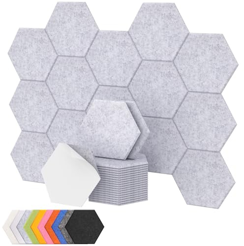 TONOR 18-pack Sexkantiga Akustikpanel, 30×26×1 cm Självhäftande Akustiska Paneler, Hög Densitet Ljudabsorbent Hexagon Ljudisolering för Studio/ Kontor/Sovrum/Vardagsrum, Ljusgrå
