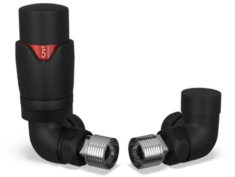 UK Radiators Válvula termostática de radiador (TRV) – 15 mm de bloqueo de esquina – Color negro mate texturizado – Válvula de esquina de latón de ahorro de energía de 1/2 pulgada x 15 mm