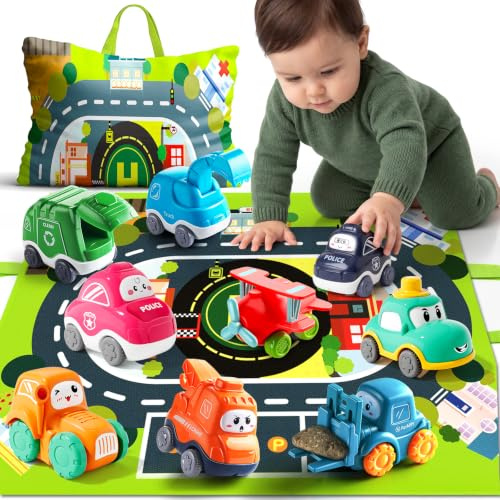 lerrbo 9PCS Toddler Truck Toy Set with Crane | With Playmat and Storage Bag, ABS Plastic, No Small Parts, Rounded Edges, for Ages 1-3, First Birthday Gift