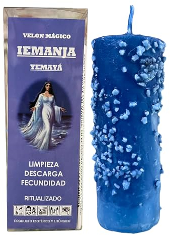 Velón de Iemanjá para Limpieza, Descarga y Fecundidad | Vela Ritualizada de Yemayá para Limpiar Energéticamente y Descargar las Malas Energías | Con Sal Gruesa de Yemanyá e Instrucciones con Oración