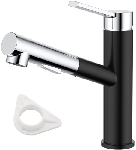 DAYONE Robinet de cuisine noir et chrome haute pression avec douchette extensible, robinet d'évier avec deux fonctions de pulvérisation, robinet de cuisine rotatif à 120 °, mitigeur en acier