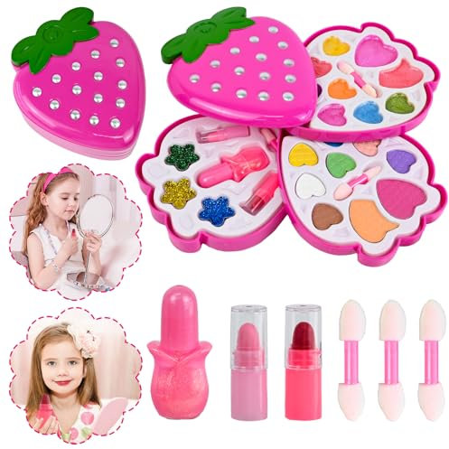 Ulikey Set Trucchi Bambina - Valigetta Fragola Rosa, Lavabile Makeup per Giocattolo - Regali di Compleanno e Natale per Ragazze 4 5 6 7 8 9