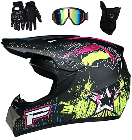 Gioventù Bambini MTB Casco da Motocross, con Occhiali Guanti Maschera, Adulto Faccia Intera Offroad Strada Enduro ATV Scooter Moto Caschi, Unisex Discesa Corse Dirt Bike Casco(Matt Black,XL/58-59CM)
