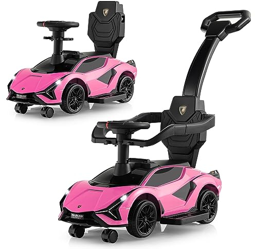 COSTWAY 3 en 1 Coche Correpasillos para Niños, Coche de Empuje Lamborghini, Coche de Paseo para Niños con Barandillas y Manillar Desmontables, Música, Faros y Ruedas Universales Desmontables (Rosa)