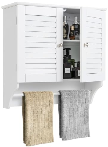 COSTWAY Bathroom Wall Cabinet, Wooden Storage Cupboard with Double Doors, 3-Position Adjustable Shelf & Towel Bar, Wall Mounted Medicine Cabinet Unit for Kitchen, Living Room and Hallway, White
