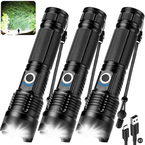 ALSTU 3 Pack Rechargeable Flashlight High Lumens - 990,000 LM Super Bright LED Flash Light with 5 Modes, Powerful Waterproof Handheld Flashlight for Home Camping Emergencies