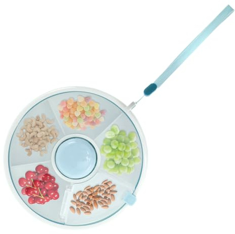 SUPPUIMNT Spinner - Boîte à goûter ronde pour enfant avec 5 compartiments et bouton - Assiette ronde réutilisable - Pour l'extérieur, les familles, les fêtes, les enfants - Bleu