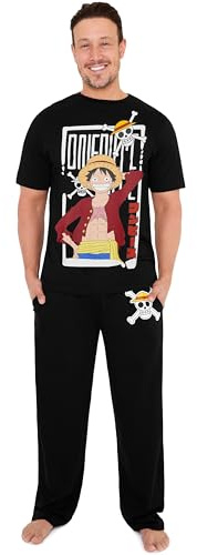 One Piece Pigiama Uomo e Ragazzo Set 2 Pezzi, Maglietta Maniche Corte e Pantaloni Cotone, Abbigliamento da Casa, Regalo Anime (S, Nero)