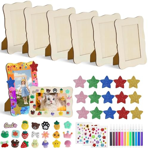 FYSL 6er-Set Holzbilderrahmen zum Bemalen für Kinder (14x19cm) | Bilderrahmen Bastelset mit 12 Wasserfarben, Glitzersteinen | Kreativ-Set zur Selbstgestaltung