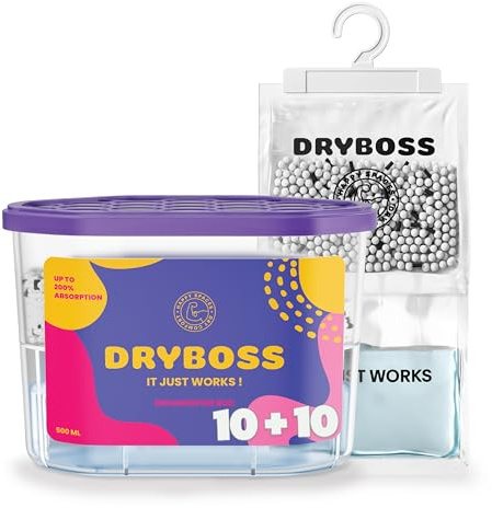 DRYBOSS Pack Duo 10 Bolsas Antihumedad + 10 Cajas Deshumidificadoras | Deshumidificador Absorbe Humedad, Olores, Moho en Armarios, Cajones, Habitaciones, Baño, Trastero, Coche | Silice Dehumidifier