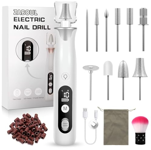 Electric Nail Drill,Professional Manicure Pedicure, Portable Cordless Rechargeable Nails File Machine for Gel/Acrylic/Natural/Thick Toe Nails with 10 Adjustable Speed 15000RPM 10 Bits 60 Sanding Bands