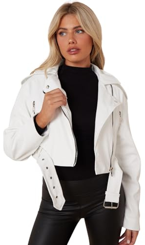 kraftd Women Faux Leather Jacket Short Coat Outerwear Long Sleeve Zipper Cropped Biker Jacket with Belt Comfortable & Stylish Coats Luxury Clothing Cropped Leather Motorcycle Jackets (White, S)