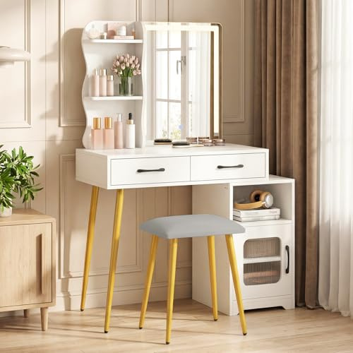 COSTWAY Dressing Table with LED Mirror and Stool, Makeup Table Vanity Desk Set with 3-Color Lights, Adjustable Brightness, Reversible Cabinet, 2 Drawers, Shelves & Metal Legs for Bedroom, White+Gold
