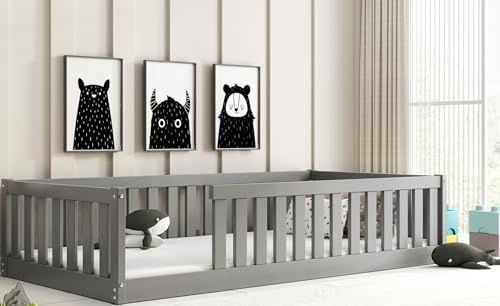 Interbeds lit Enfant Bella 190x90 avec barrière de sécurité et sommier à Lattes, Sol en Bois, lit Simple Montessori, à barreaux, pour Tout-Petit (Gris, 190x90)