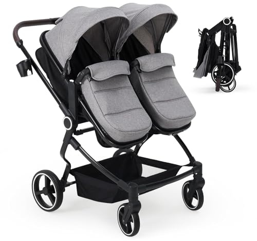 Silla Gemelar de Paseo Ligero con Asiento Reversible, Asiento Ajustable, Cochecito Bebé con Moisés y Parasol, Arnés de 5 Puntos y Freno de Pie, Plegable, Marco de Aleación de Aluminio, Máxima 30 kg