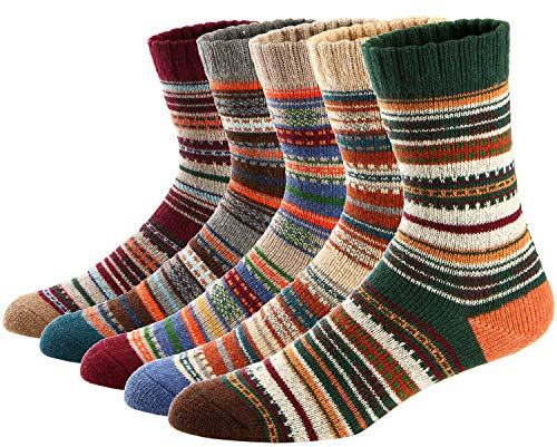Ueither Mens/Womens 5 Pairs Vintage Style Knitting Wool Warm Winter Fall Crew Socks (Color 6, 5.5-9)