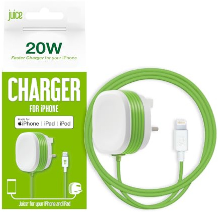 Juice 20 Watt PD iPhone 12 Mini Pro and Max | Apple Lightning Mains Charger | Fast Charge Your iPhone and iPad | Apple MFI Certified | Compact Design with Sure Grip Technology | 1.5m Integrated Cable