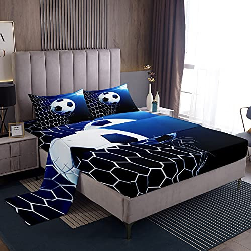 Set di biancheria da letto con motivo calcio 3D e lenzuola con pallone da calcio per bambini, ragazzi, ragazze e giovani, set di lenzuola a tema sportivo blu brillante, 4 pezzi, misura doppia