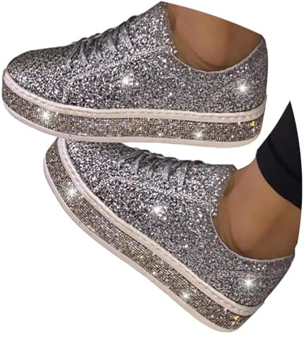 ticticlily Baskets Femmes Paillettes Confortable Légères Courses Basses Marche Jogging Chaussures B Argenté 39 EU