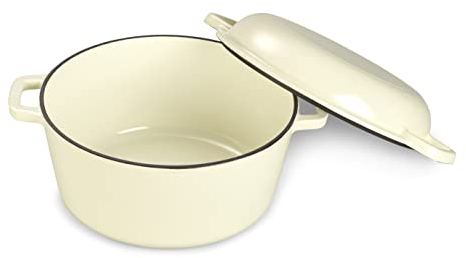 Echtwerk Schmortopf und Servierpfanne 2-in-1 Set, Gusseisen Bräter mit Deckel, Gusseisentopf mit Emaille-Beschichtung, Für Backöfen, Grill, BBQ und Induktion geeignet, Creme, 3,5 L, Ø 25,3 cm