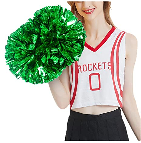 SHTGOI Cheerleading Pompons 2 Stück Metallic-Folie Cheerleading Pom Poms mit Handle Cheerleader Handblumen Cheers Blumenball für Sportveranstaltungen Ballspiele Tanzbedarf Grün