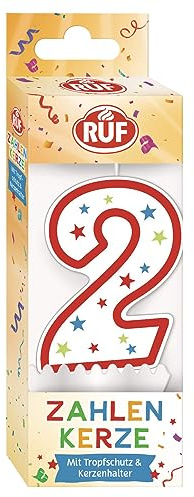 RUF Vela número 2 con número 2, vela roja de cumpleaños con estrellas coloridas, vela de aniversario de alta calidad con protección antigoteo, ideal para decoración de tartas, 1 unidad
