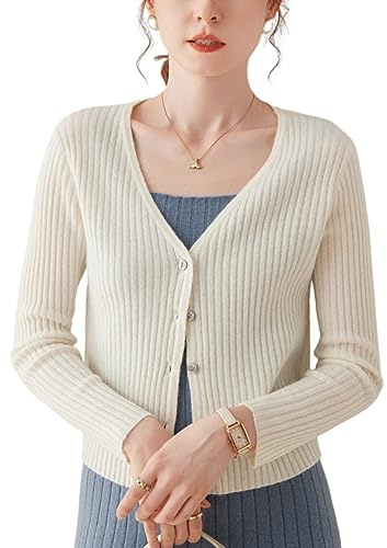 DISSA Cardigan da donna in cashmere con scollo a V, a maniche lunghe, in lana di cashmere a righe, sottile, YD2331, avorio, 42