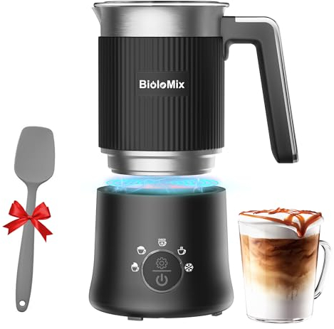 Biolomix 5 in 1 Milchaufschäumer Elektrisch Induktio,350 ml Milchschäumer Hohe Kapazität aus Edelstahl Spülmaschinenfest für heißer Schokoladen, Heißer/Kalter Milchschaum, Warme Milch