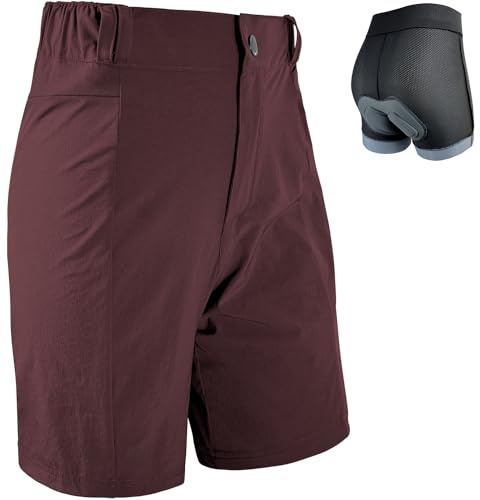Wulibike Pantaloni da ciclismo da donna, 2 in 1, imbottiti, per mountain bike, da donna, con imbottitura, per equitazione, ciclismo, ciclismo, con chiusura lampo, borgogna, XS