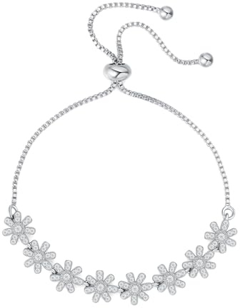 HEEYA Armband kvinnor tusensköna armband sterlingsilver 925 justerbart tennisarmband med zirkonia blommor silver smycken gåva för kvinnor flickor, 11.7 cm - 24.4 cm, Sten