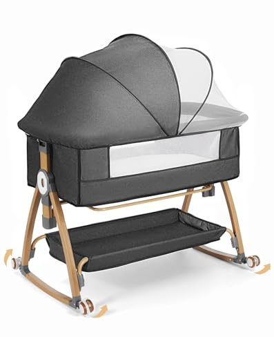 COMOMY 3-in-1 Babybett, Beistellbett Baby, Stubenwagen Baby mit Rollen inkl. Matratze & Moskitonetz, 6-Fach Höhenverstellbar