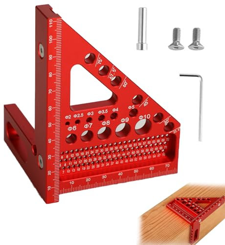 Escuadra Carpintero 3D - 22,5° a 90° - herramienta de carpintería de alta precisión en aleación de aluminio - 3 en 1: trazado/perforado/medición - adecuada para carpinteros e ingenieros (Rojo)
