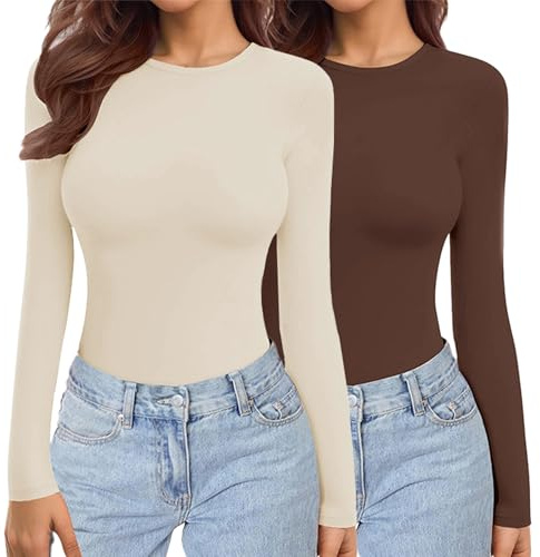 Ekouaer Donna Confezione da 3 Maglie a Maniche Lunghe Girocollo Camicie Termiche Set Elasticizzato Aderente Sottoscrubs Layer Tee, Marrone + Beige L