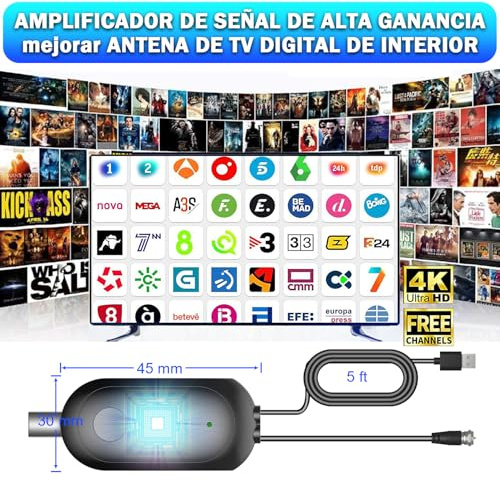 Amplificador de Señal para Antena de TV Interior 2025, Mejora de Recepción Digital con Alta Ganancia, Reduce Ruido y Pixelado, Compatible con Antenas HDTV, Alimentación USB y Fácil Instalación