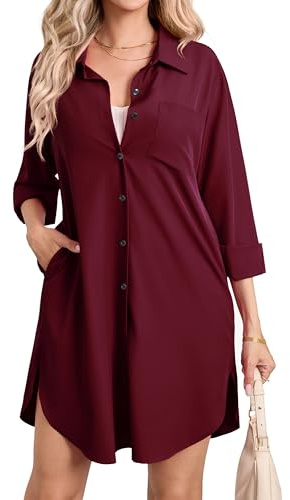 Enmain långärmad blus skjorta för kvinnor klänning knappar upp bomull tunika casual blusar toppar med fickor, Vinrött, S